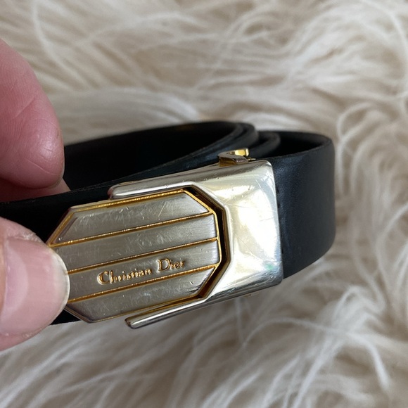 Vintage Christian Dior Elegant Black Leather Belt with Gold Buckle - Picture 1 of 10